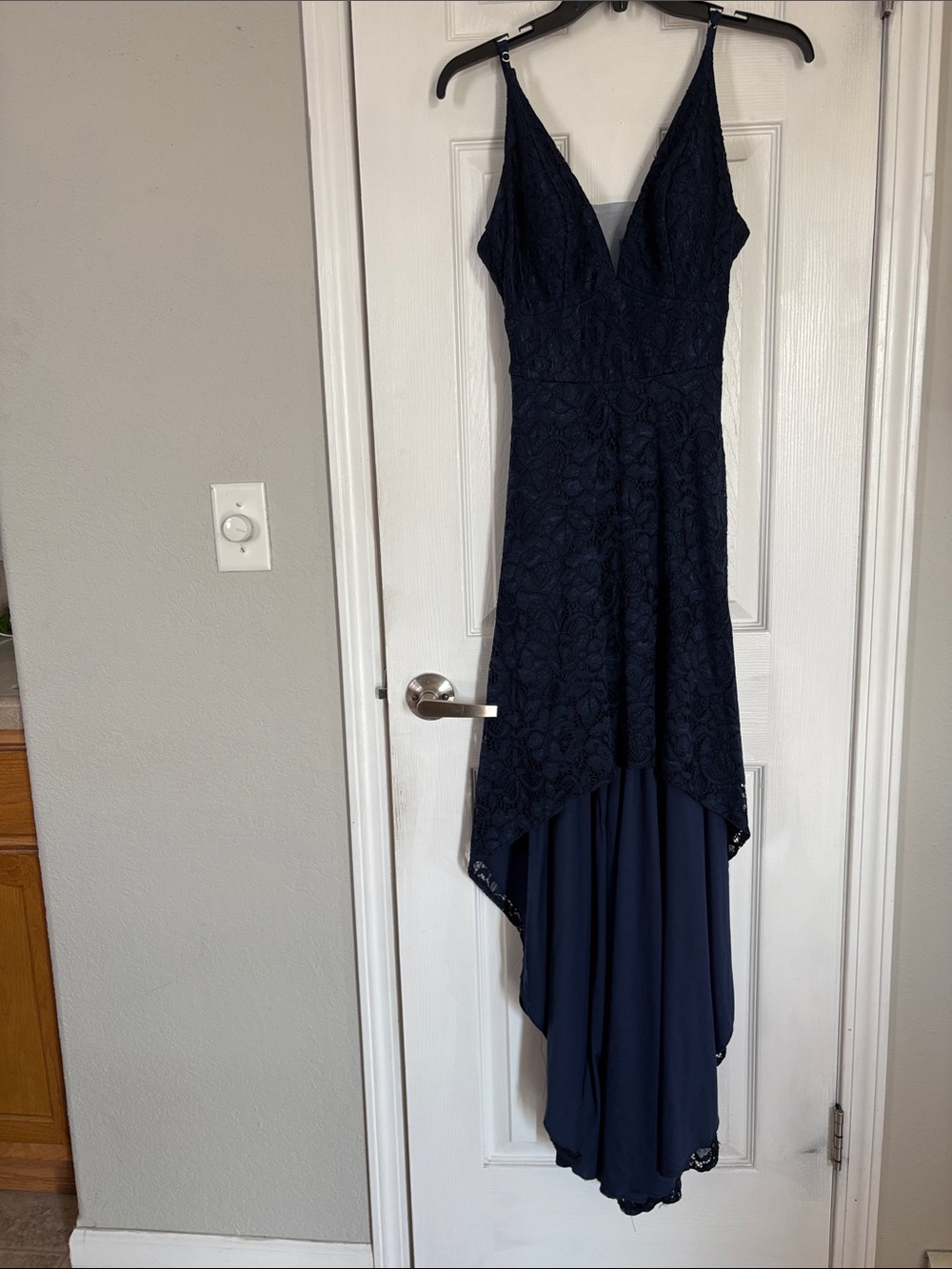 Navy Lace High-Low V-Neck Dress